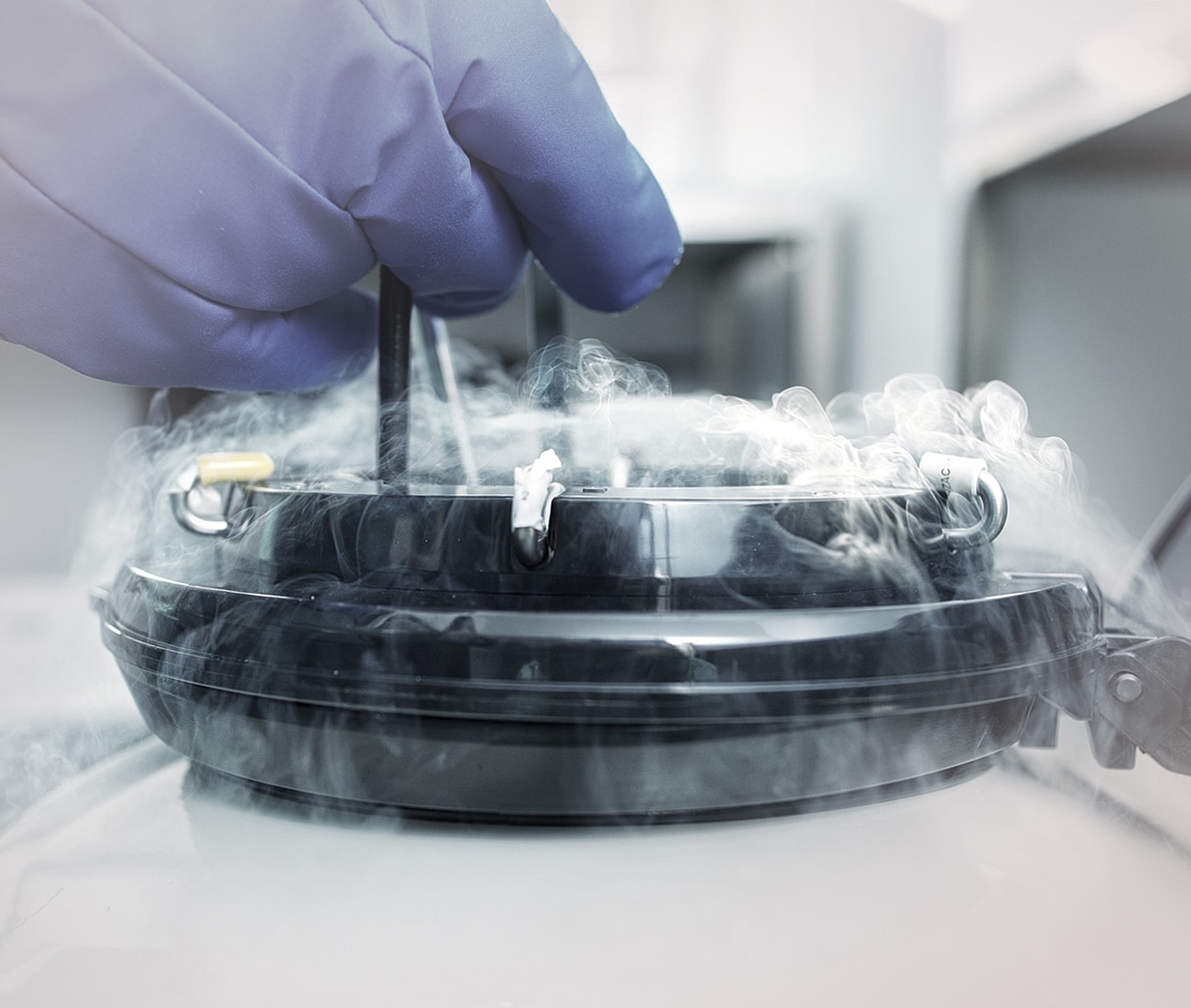 Hand in glove operating a cryogenic chamber.