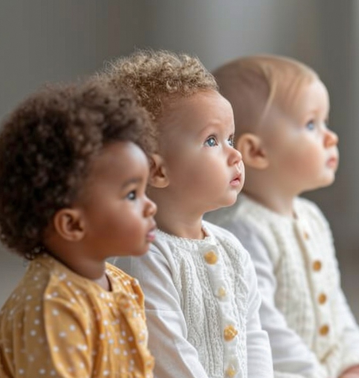Three children looking up, dressed in cozy outfits.