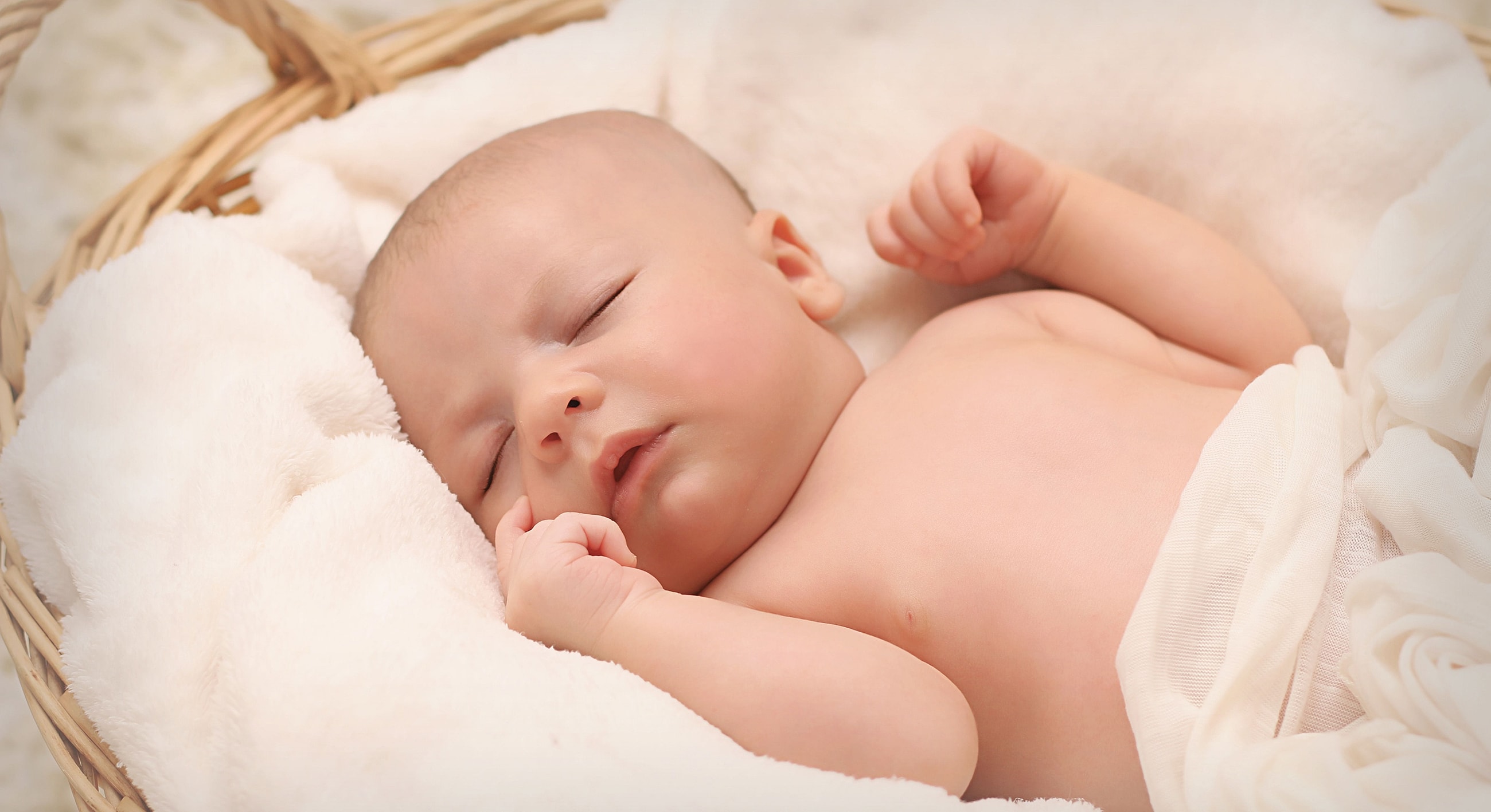 Sleeping newborn baby in a cozy basket.
